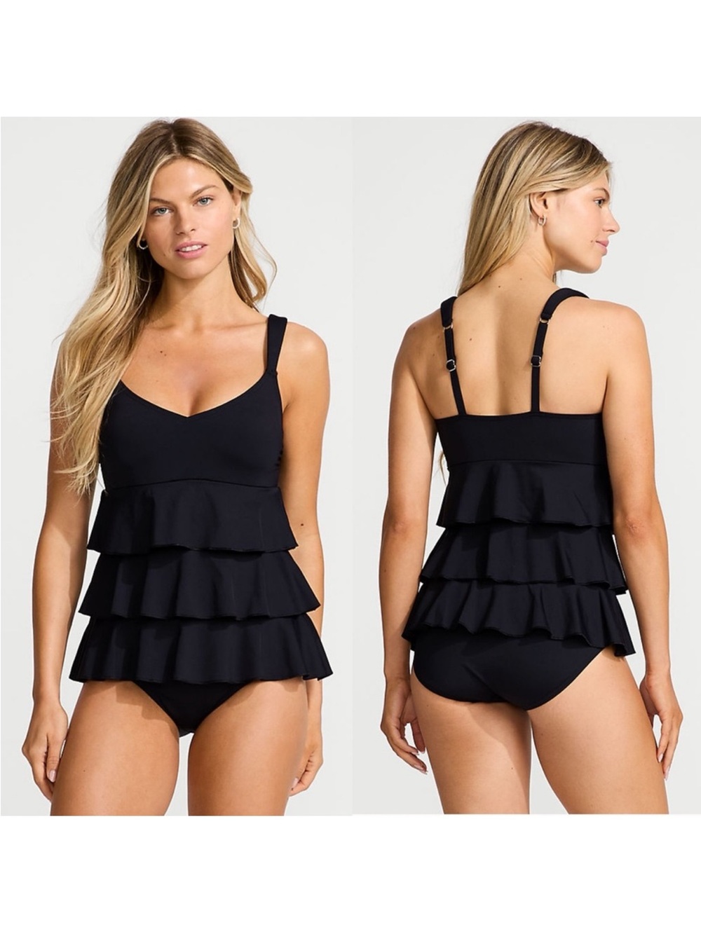 Lands' End Women's Tiered Ruffle Fauxkini One Piece Swimsuit - 10 - Black